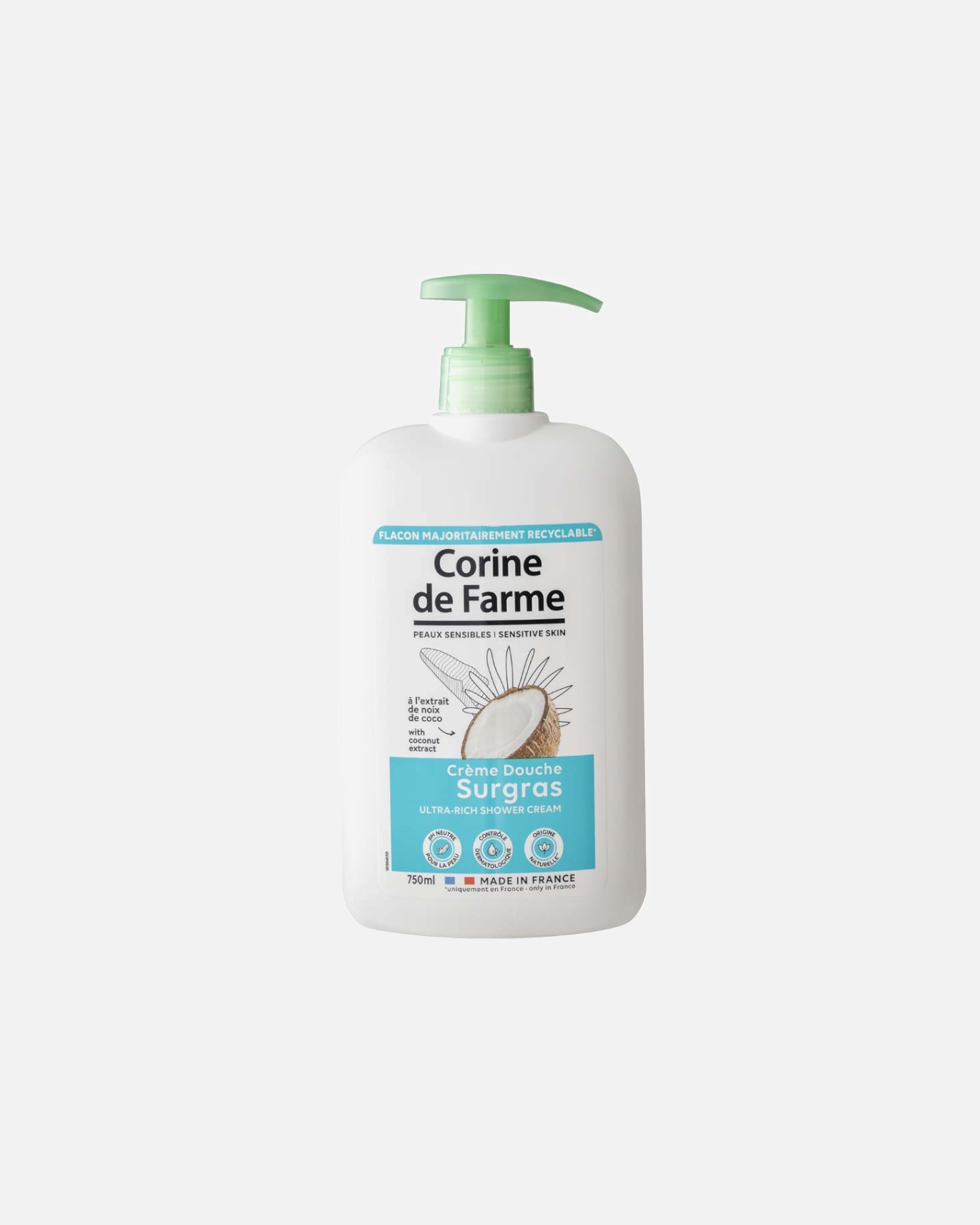 Gel douche pour Unisexe CORINE DE FARME Crème Surgras à l'extrait de Noix de Coco 750 ml