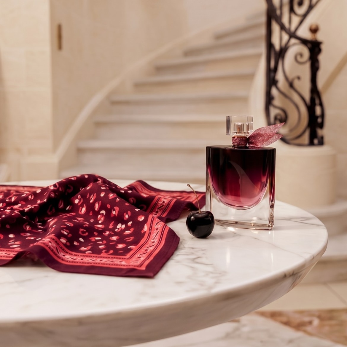 Un flacon de parfum La Nuit Trésor de Lancôme, de couleur dégradée du noir au rouge, est posé sur une table en marbre blanc, à côté d'un foulard rouge à motifs et d'une cerise noire, avec un escalier en arrière-plan.