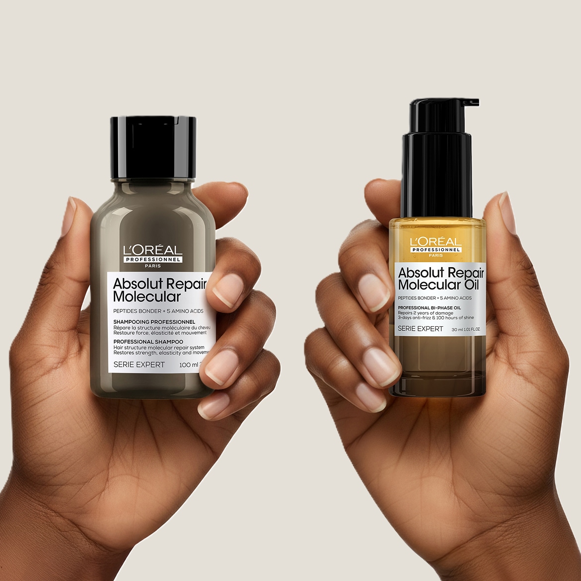 Découvrez le shampooing professionnel L'Oréal Professionnel Absolut Repair Molecular, un flacon gris de 100 ml qui répare la structure moléculaire du cheveu et restaure force, élasticité et mouvement.