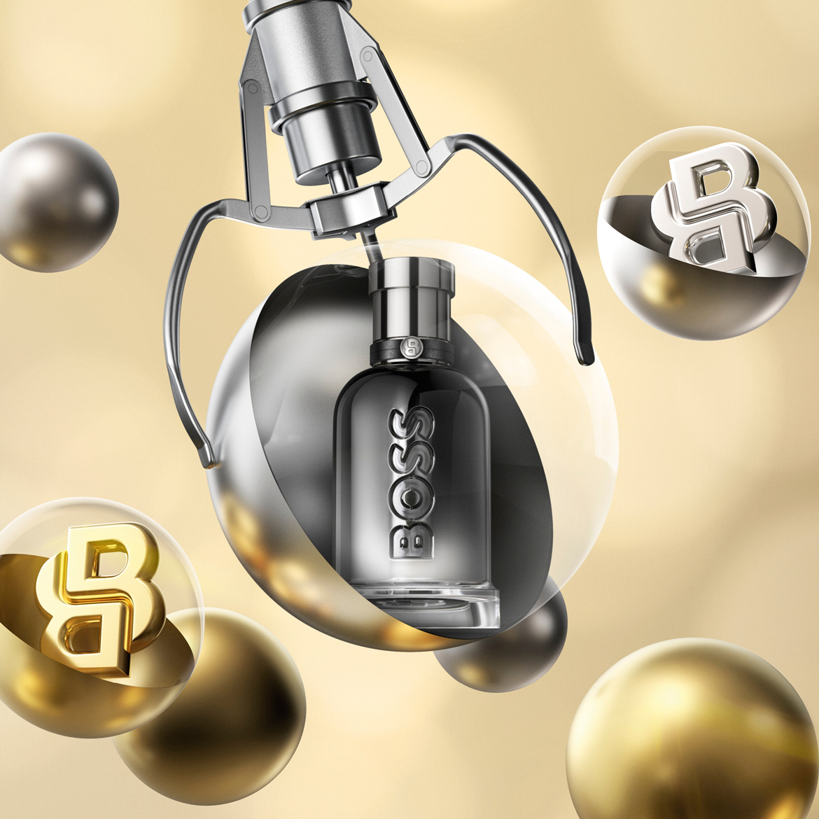 Découvrez le parfum BOSS dans un flacon transparent capturé par une griffe métallique, entouré de sphères dorées et argentées.