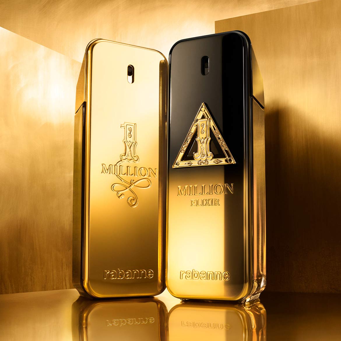 Découvrez les parfums 1 Million et 1 Million Elixir de Rabanne, présentés dans des flacons dorés luxueux.
