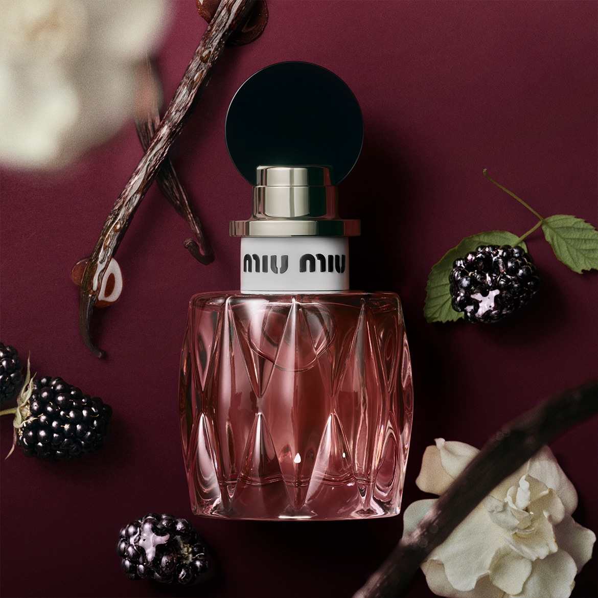 Le parfum Miu Miu est présenté dans un flacon en verre rose taillé, avec un bouchon noir et or, entouré de gousses de vanille, de mûres et de fleurs blanches sur un fond bordeaux.