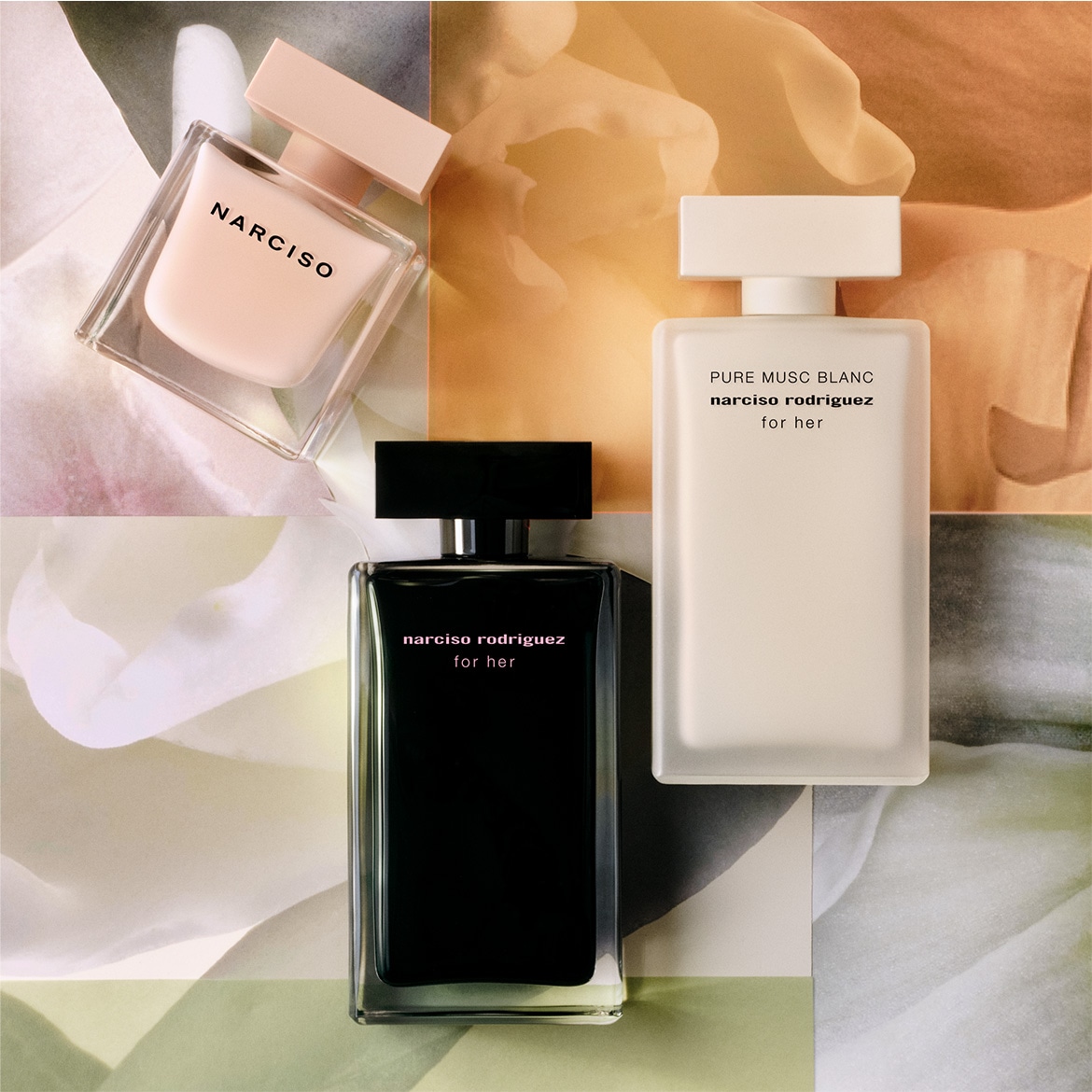 Découvrez les parfums Narciso Rodriguez for her : Narciso avec son flacon rose poudré, Pure Musc Blanc avec son flacon blanc mat et Narciso Rodriguez for her avec son flacon noir élégant.