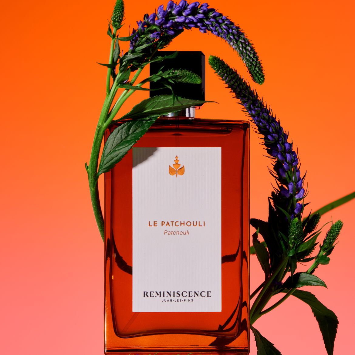 Découvrez le parfum Le Patchouli de Réminiscence, présenté dans un flacon rectangulaire ambré avec un bouchon noir, orné de fleurs violettes.