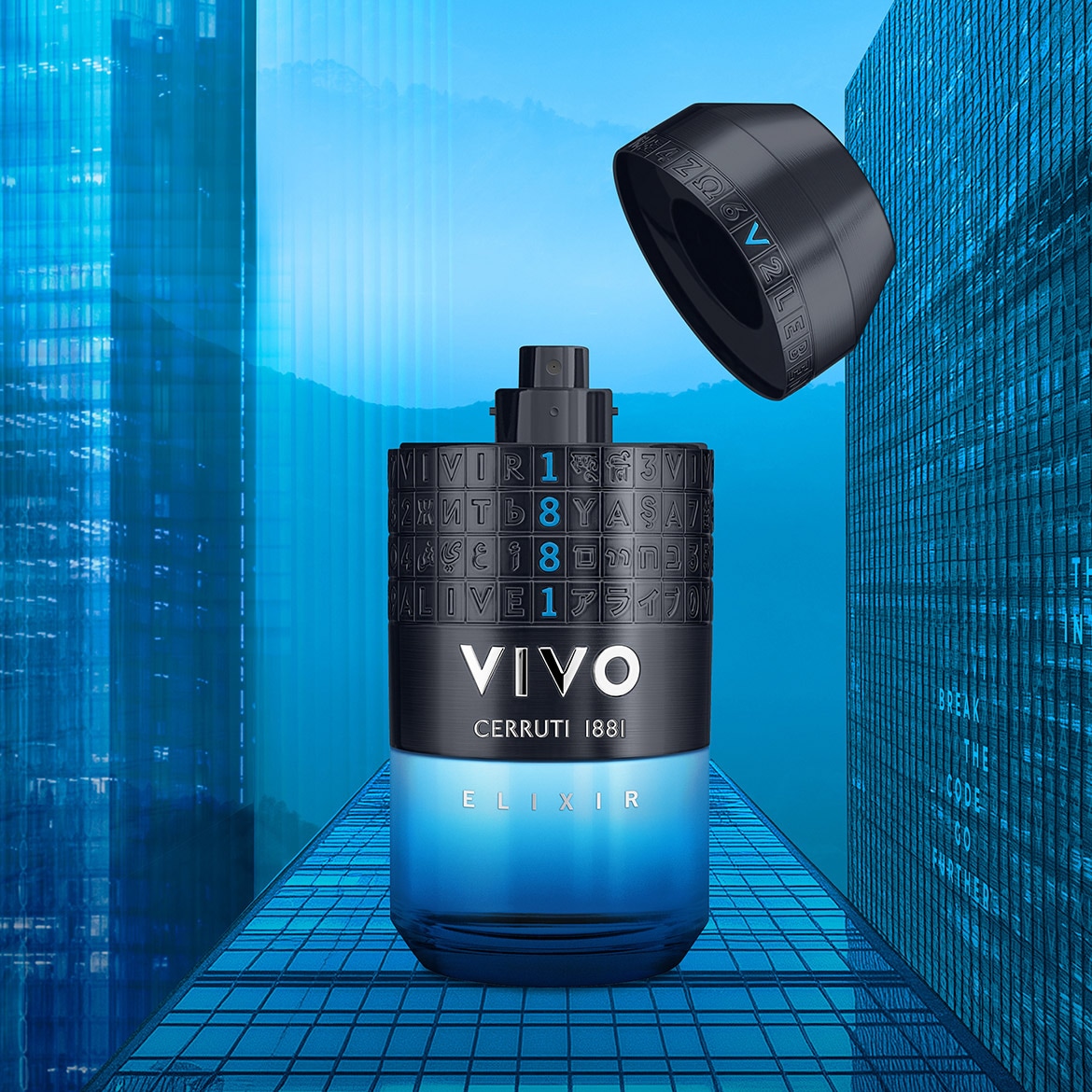 Découvrez VIVO Cerruti 1881 Elixir, un parfum avec un flacon noir orné d'inscriptions mystérieuses et un dégradé bleu envoûtant, le tout sur un fond urbain futuriste.