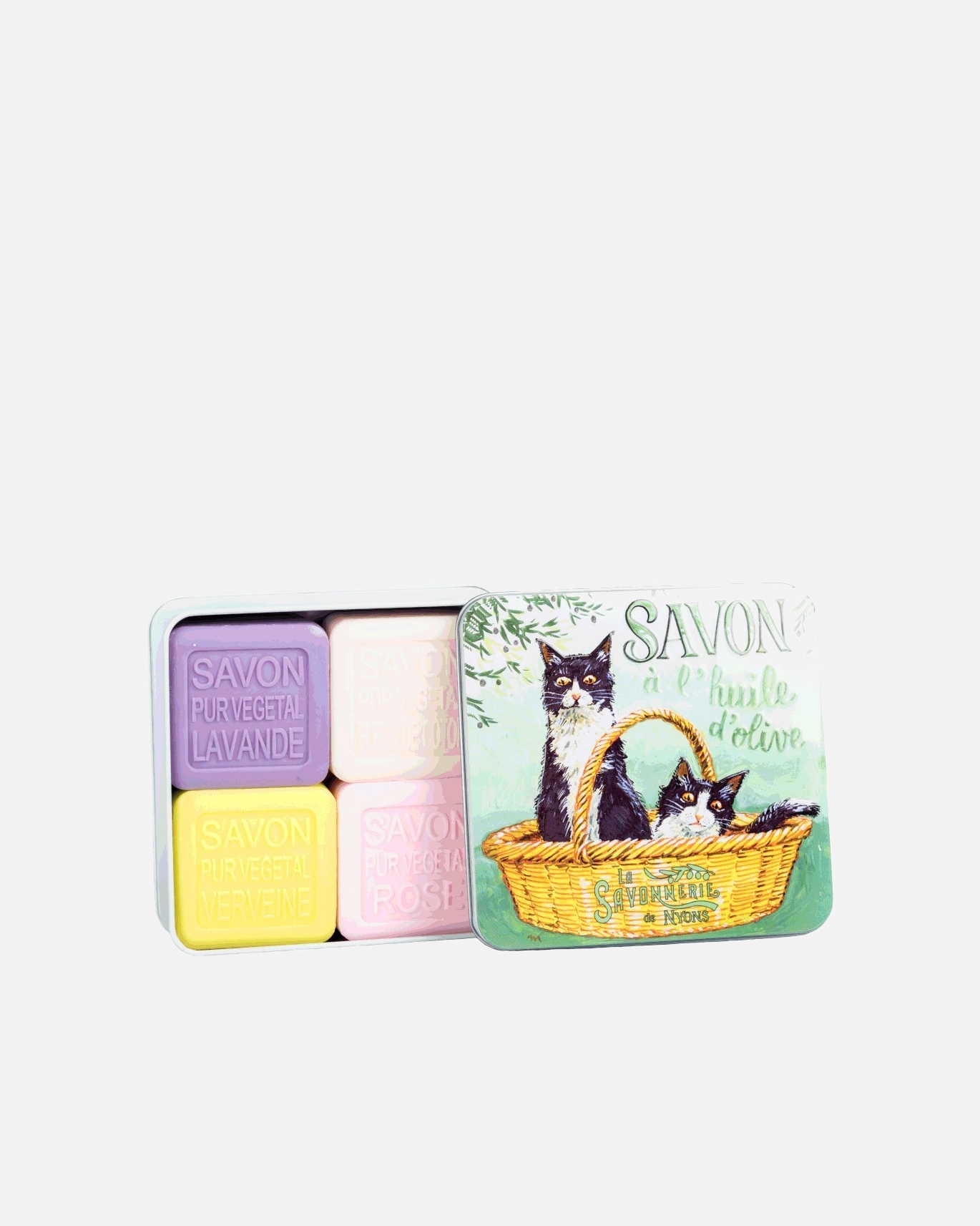 Coffret soin corps pour Unisexe La Savonnerie de Nyons Coffret de 4 Savons (Lavande, Verveine,Fleur de Coton, Rose) Chats Noir & Blanc 400 g