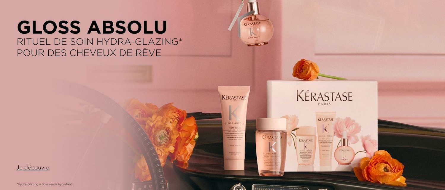 Découvrez le rituel de soin Hydra-Glazing Gloss Absolu de Kérastase pour des cheveux de rêve, présenté dans des emballages élégants aux teintes douces.