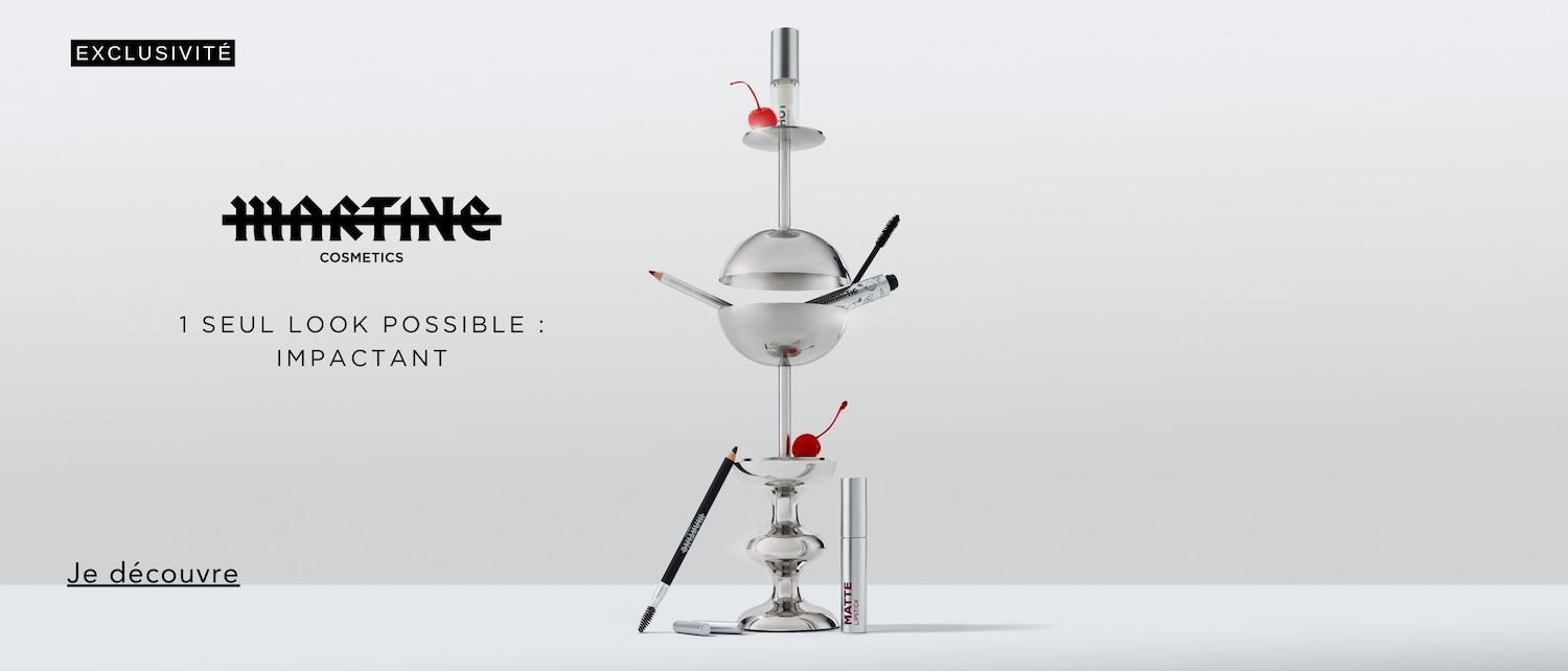 Découvrez l'exclusivité Martine Cosmetics, où un seul look possible est impactant, présenté dans un présentoir argenté orné de cerises.