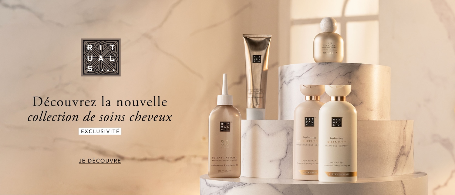 Découvrez la nouvelle collection de soins cheveux Rituals, comprenant un masque ultra-brillance, un shampooing détox, un après-shampooing hydratant et un parfum pour cheveux, présentés dans des emballages élégants.