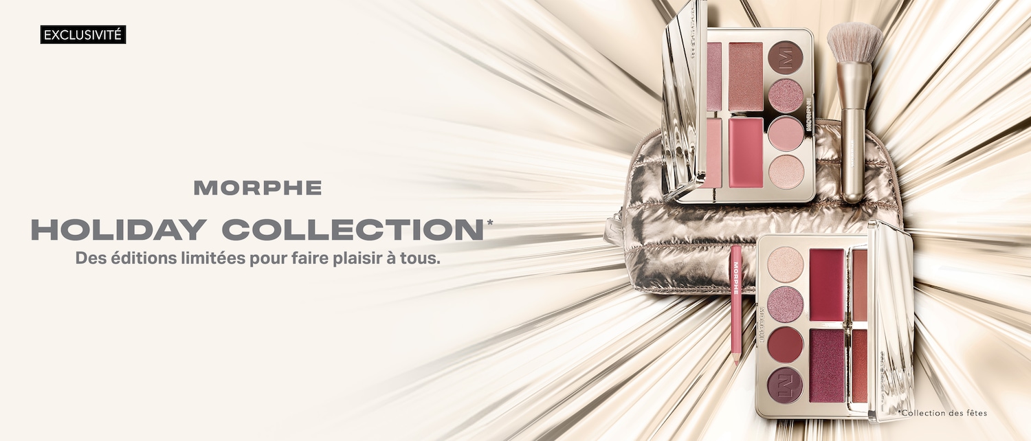 Découvrez la collection exclusive Morphe Holiday, une édition limitée pour les fêtes, avec des palettes de maquillage aux teintes rosées et un pinceau doux, présentés sur une pochette matelassée dorée.