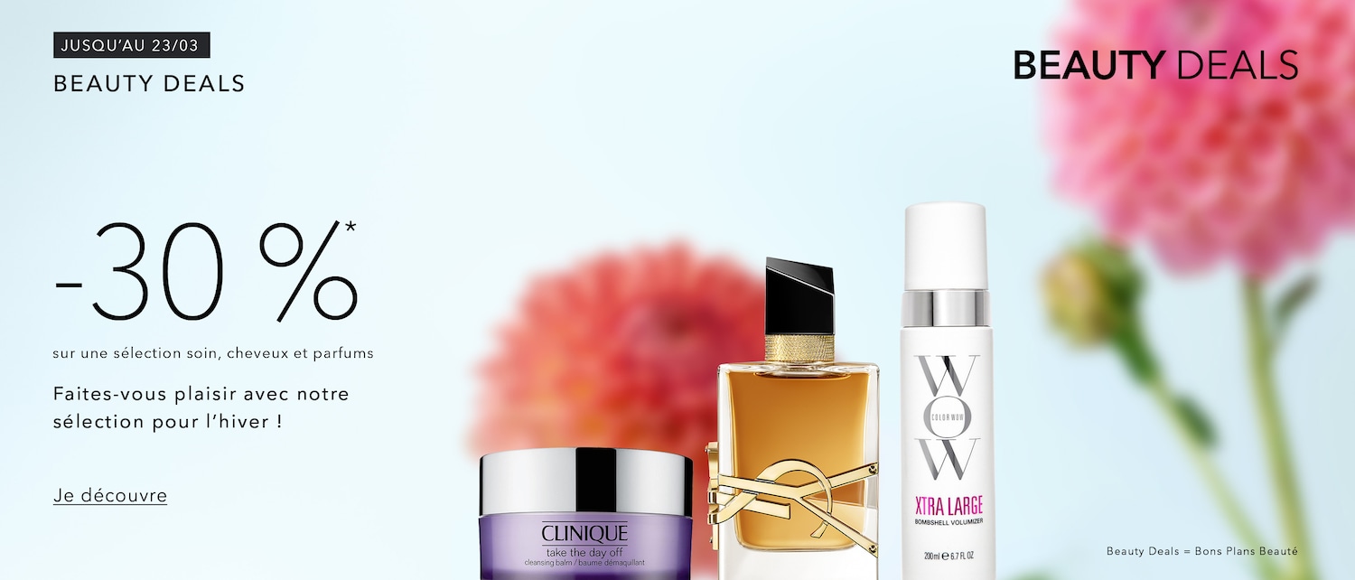 Profitez des offres de beauté jusqu'au 23 mars avec une réduction de -30% sur une sélection de soins, cheveux et parfums, et faites-vous plaisir avec notre sélection pour l'hiver. Découvrez-les dès maintenant !
