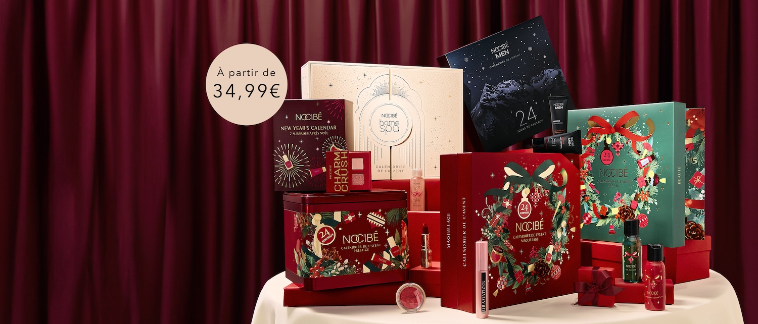Découvrez une sélection de calendriers de l'Avent et de coffrets cadeaux Nocibé, incluant le calendrier de l'Avent Prestige, le calendrier de l'Avent Maquillage et le calendrier de l'Avent Beauté, le tout à partir de 34,99€.