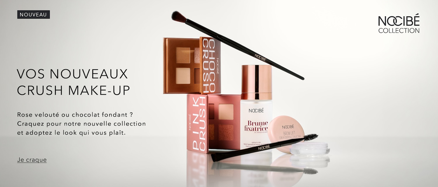 Découvrez la nouvelle collection de maquillage Nocibé Crush, avec des palettes de fards à paupières aux teintes rose velouté et chocolat fondant, une brume fixatrice et une cire à sourcils Brow Lift pour un look parfait.