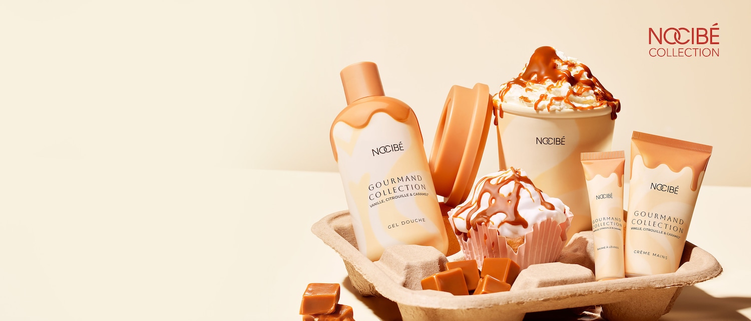 Découvrez la collection Gourmand de Nocibé, une gamme de produits pour le corps aux senteurs irrésistibles de vanille, citrouille et caramel, présentés dans un emballage ludique rappelant des desserts.