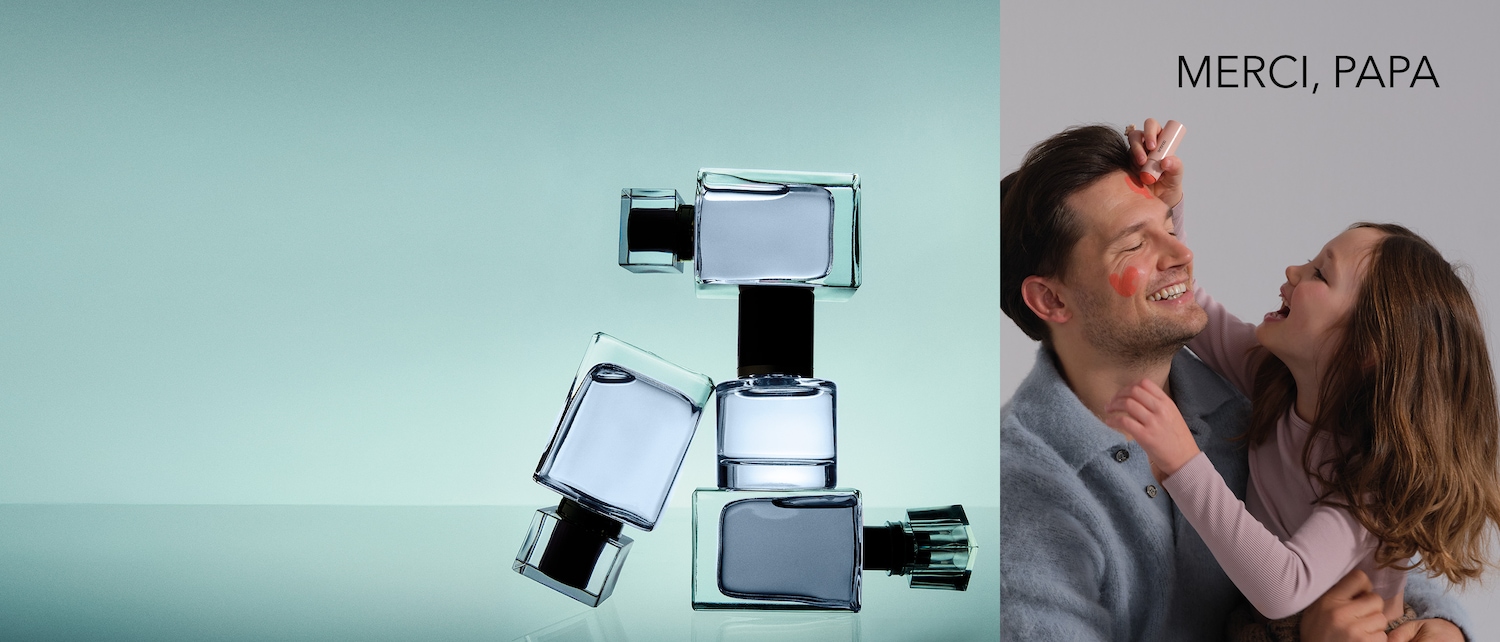 Découvrez un parfum élégant dans un flacon en verre transparent, coiffé d'un bouchon noir, présenté avec une joyeuse scène de famille et le message "Merci, Papa".