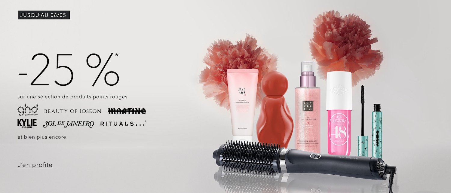 Profitez de -25% sur une sélection de produits points rouges de marques comme ghd, Beauty of Joseon, Kylie, Sol de Janeiro et Rituals, offre valable jusqu'au 06/05.