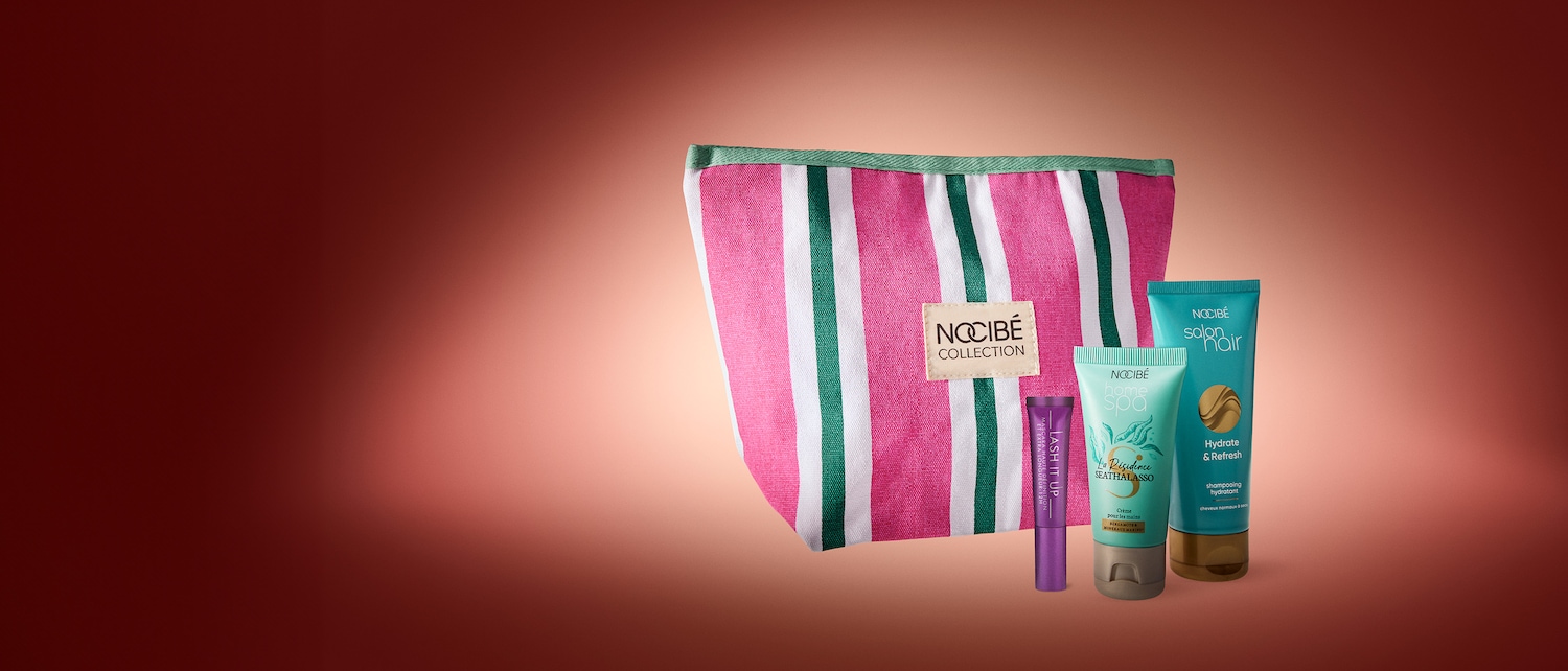 Découvrez la collection Nocibé avec une trousse rayée rose et blanche, un mascara Lash It Up violet, une crème pour les mains Home Spa et un shampooing hydratant Salon Hair.