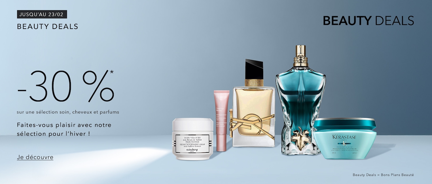 Profitez des offres de beauté jusqu'au 23/02 avec une réduction de -30% sur une sélection de soins, cheveux et parfums. Découvrez notre sélection pour l'hiver.
