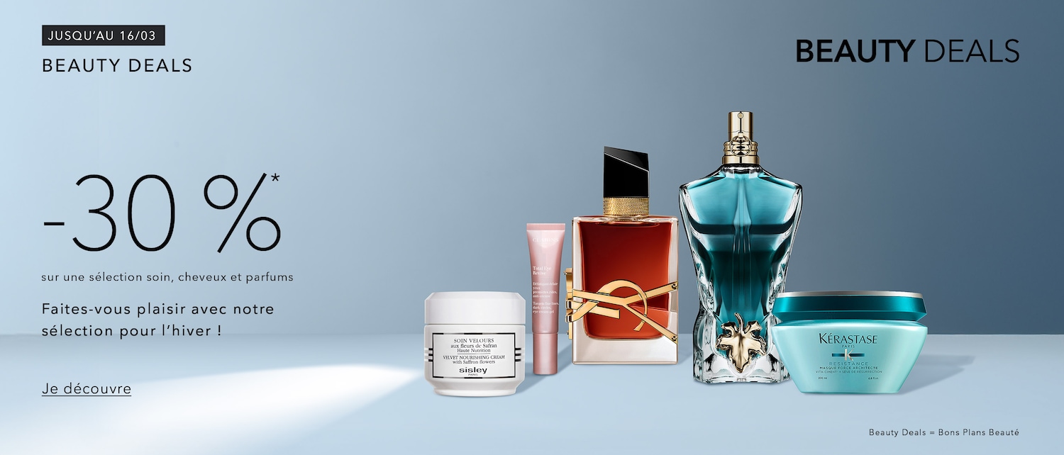 Profitez des offres de beauté jusqu'au 16/03 avec une réduction de -30% sur une sélection de soins, cheveux et parfums, et faites-vous plaisir avec notre sélection pour l'hiver.
