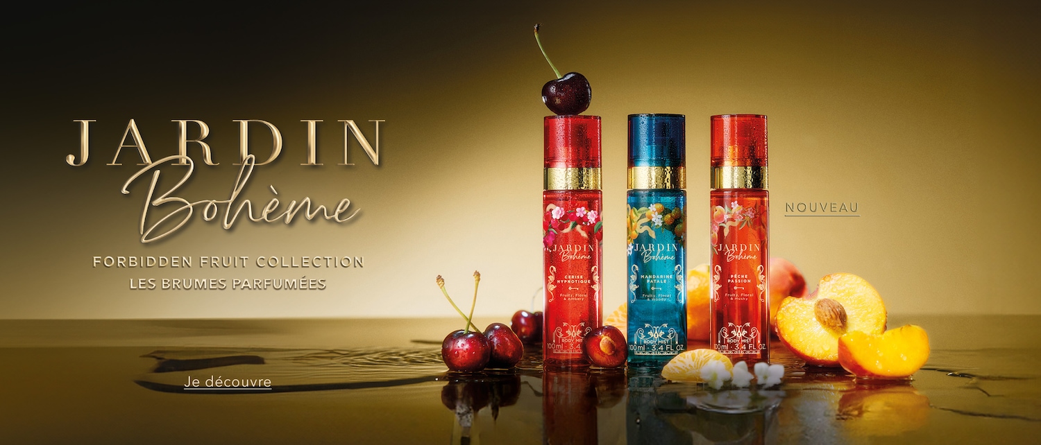 Découvrez la collection Forbidden Fruit de Jardin Bohème, les brumes parfumées aux notes fruitées et florales, présentées dans des flacons colorés et élégants.