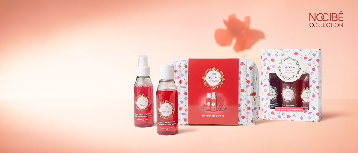 Découvrez le coffret Nocibé Collection Les Délices Parfum Pomme d'Amour, comprenant une brume corps et cheveux, un gel douche onctueux et une trousse de beauté.