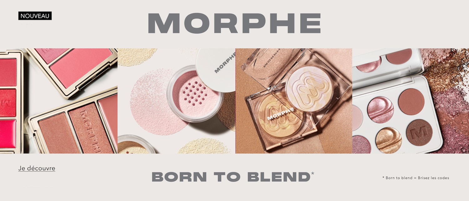 Découvrez la nouvelle collection Morphe, avec des palettes de fards à joues et des rouges à lèvres aux teintes roses et corail, présentées dans des boîtiers dorés élégants.