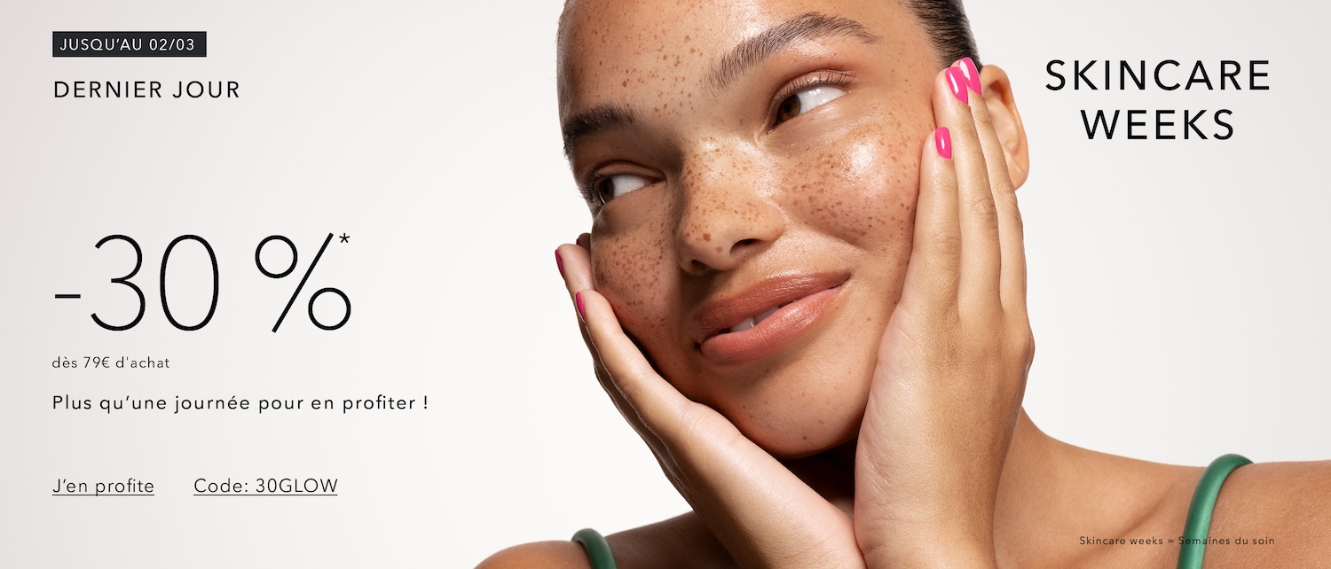 Profitez des semaines de soins avec une réduction de -30% sur les achats de 79€ ou plus, offre valable jusqu'au 02/03, utilisez le code 30GLOW.