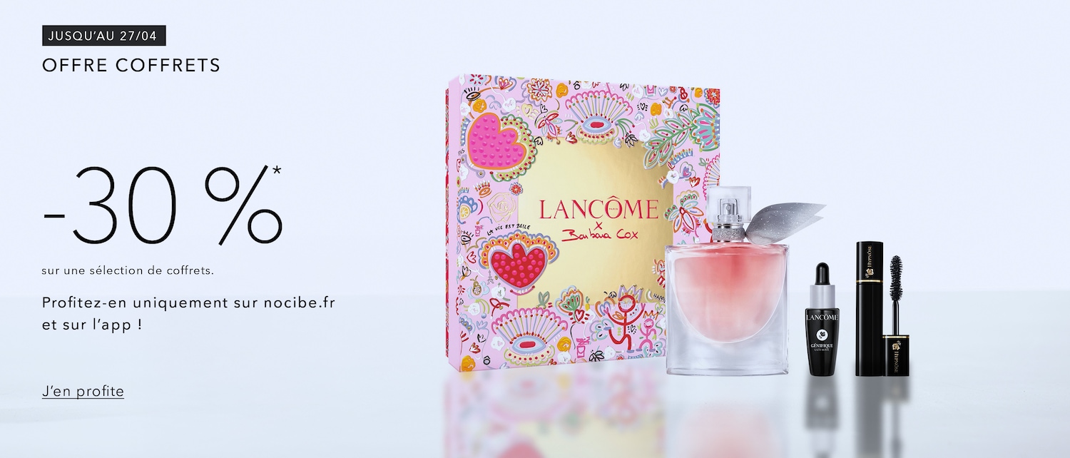 Discover Lancôme's gift sets with a 30% discount until April 27, featuring La Vie Est Belle perfume in a box designed by Barbara Cox, along with Génifique Ultimate and Hypnôse mascaras.