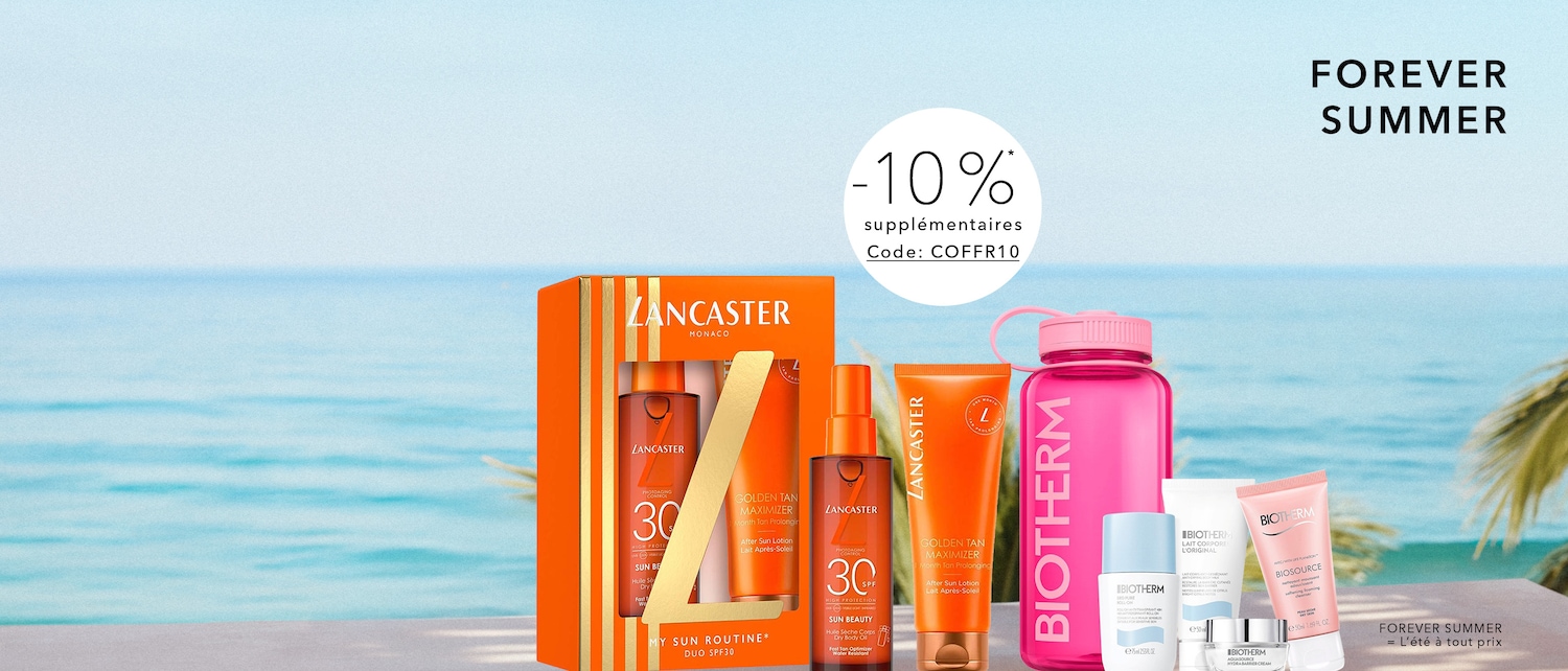 Profitez de l'été avec la collection "FOREVER SUMMER" de Douglas, offrant une réduction supplémentaire de 10% avec le code COFFR10 sur une sélection de produits solaires et de soins.
