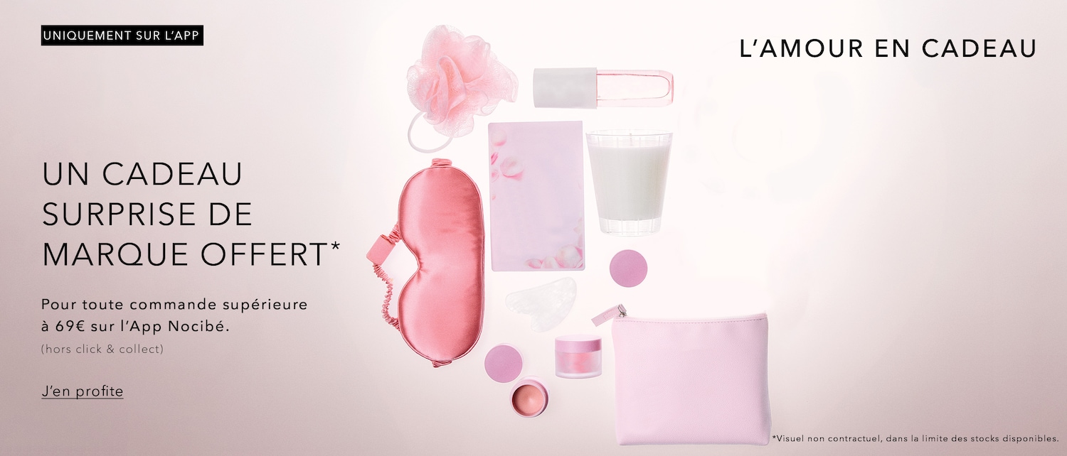 Découvrez L'Amour en Cadeau, une surprise de marque offerte dès 69€ d'achat sur l'App Nocibé, comprenant un masque de nuit rose, une éponge de bain, et d'autres surprises beauté. Profitez-en dès maintenant!