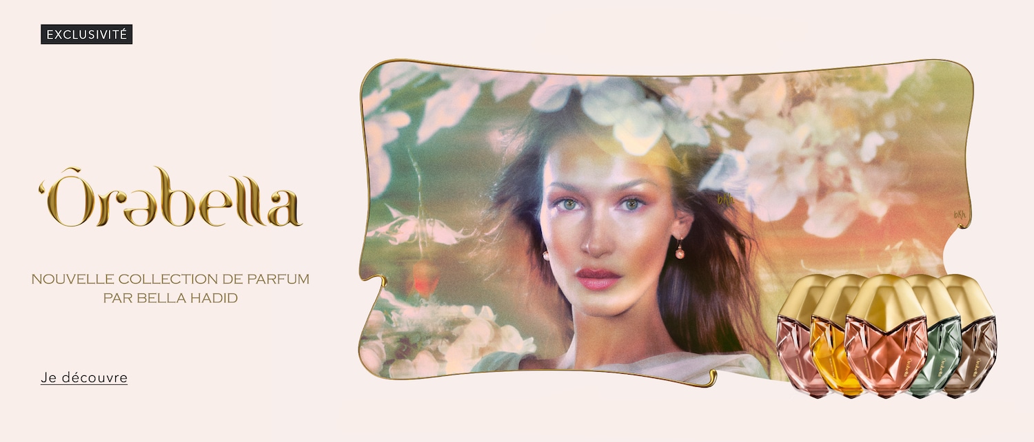 Découvrez la nouvelle collection de parfums Örǝbella par Bella Hadid, présentée dans des flacons aux couleurs variées avec des bouchons dorés.