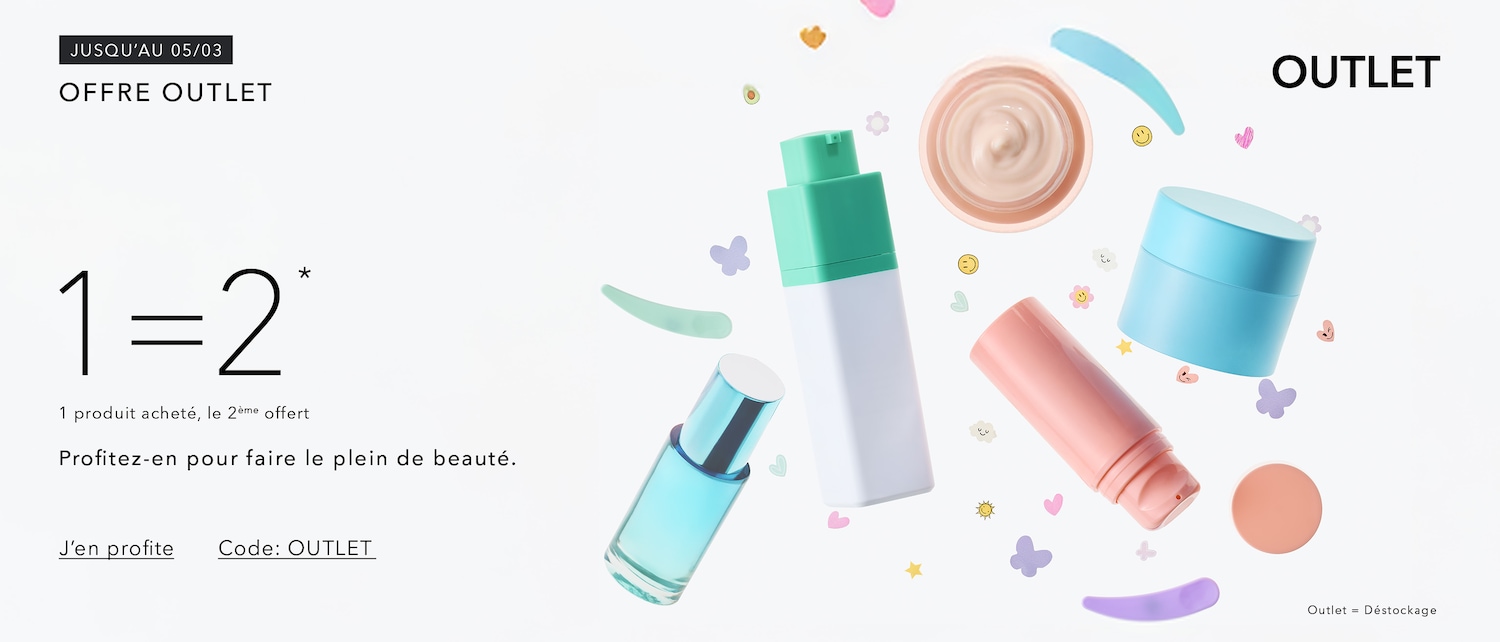 Ne manquez pas l'offre OUTLET jusqu'au 05/03 : achetez un produit et recevez le deuxième gratuitement, profitez-en pour faire le plein de beauté avec le code OUTLET.