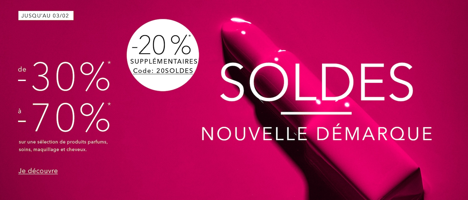 Profitez de réductions allant de 30 % à 70 % sur les parfums, les soins de la peau, le maquillage et les produits capillaires jusqu'au 3 février, plus 20 % supplémentaires avec le code 20SOLDES. Achetez dès maintenant !