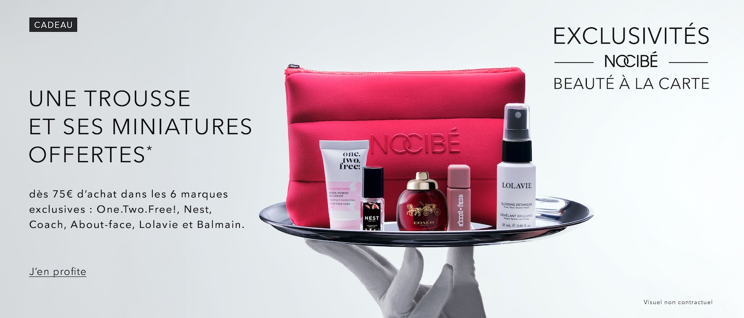 Découvrez l'offre exclusive Nocibé : une trousse et ses miniatures offertes dès 75€ d'achat parmi les marques One.Two.Free!, Nest, Coach, About-face, Lolavie et Balmain.