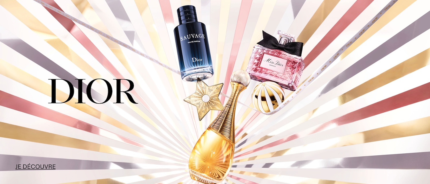 Découvrez une collection de parfums Dior, incluant Sauvage, Miss Dior, et J'adore, présentés sur un fond festif et scintillant. Cliquez sur "Je Découvre" pour en savoir plus.