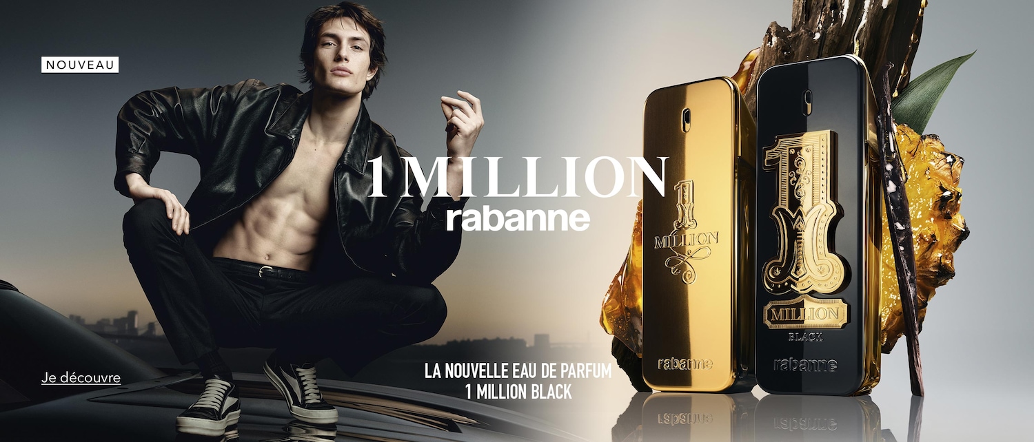 Découvrez la nouvelle Eau de Parfum 1 Million Black de Rabanne, présentée avec un mannequin masculin torse nu portant une veste en cuir noire et un pantalon noir, accroupi sur une voiture noire, avec les flacons de parfum dorés et noirs en arrière-plan.