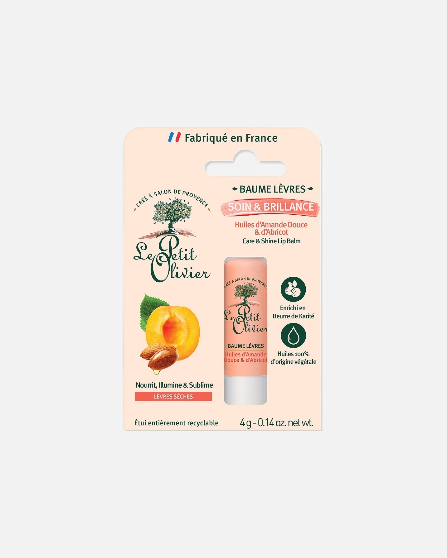 Baume à lèvres pour Unisexe Le Petit Olivier Soin & Brillance Huiles d'Abricot & d'Amande Douce 4 Grammes