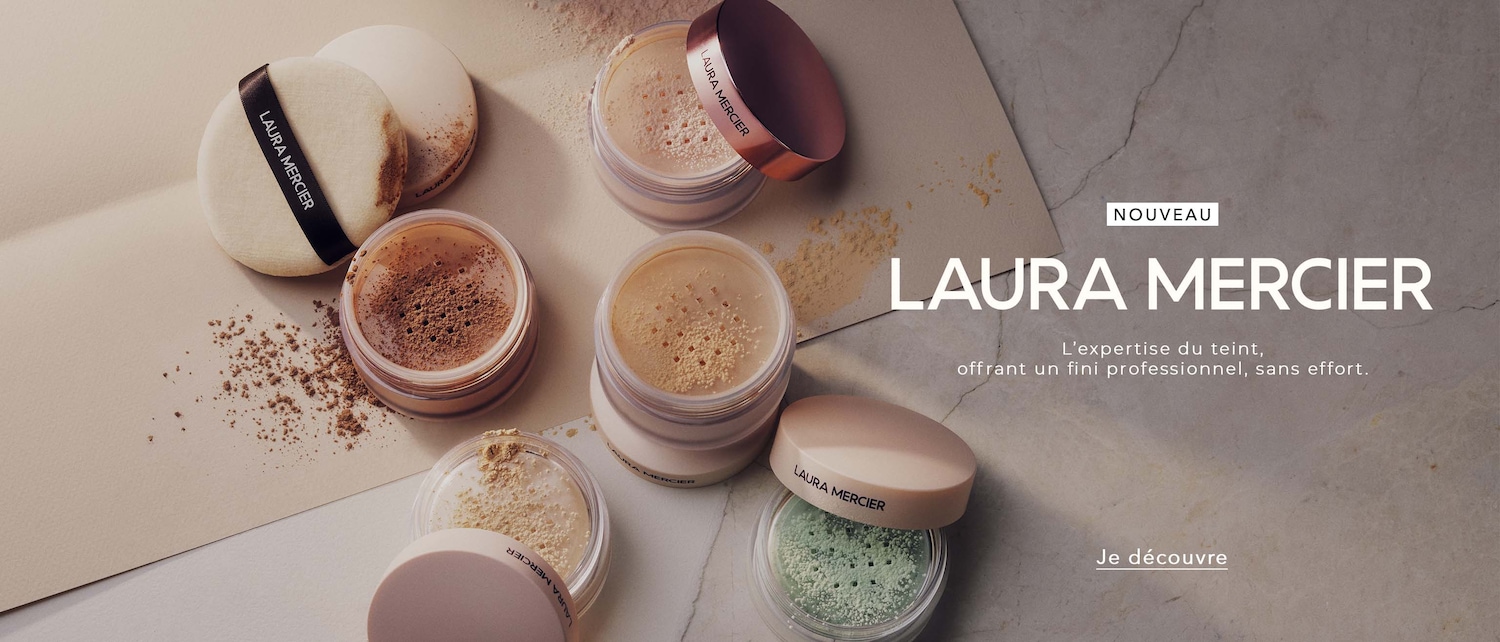 Découvrez la poudre libre Laura Mercier, offrant une expertise du teint pour un fini professionnel sans effort, présentée dans des pots transparents aux teintes variées, allant du beige au vert, avec des couvercles rose gold.