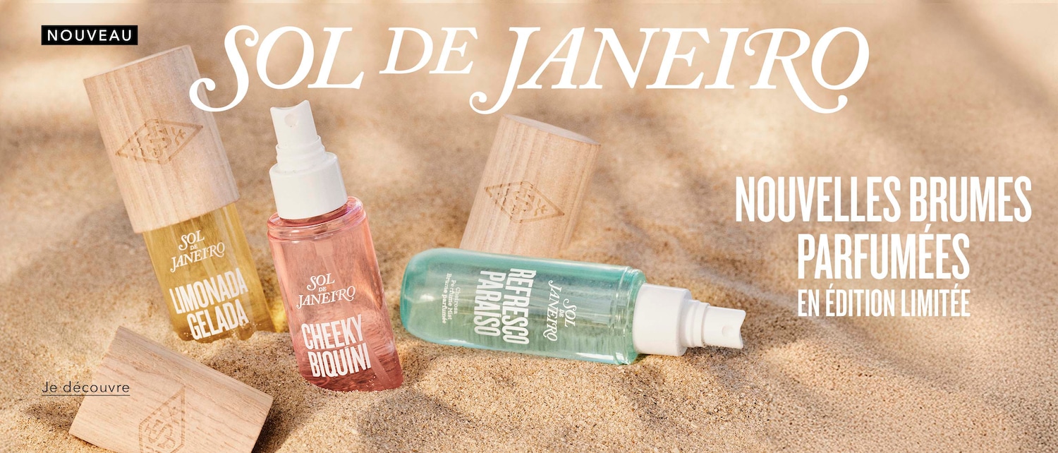 Découvrez les nouvelles brumes parfumées en édition limitée de Sol de Janeiro, présentées dans des flacons aux couleurs vives : jaune, rose et vert, évoquant la fraîcheur de l'été sur une plage de sable fin.