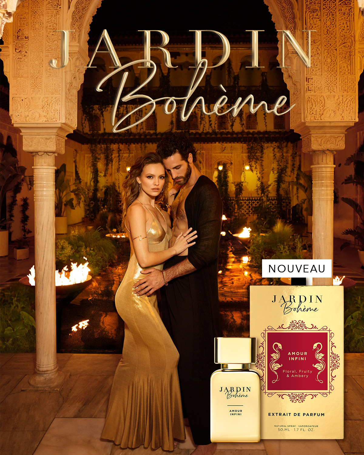 Découvrez Jardin Bohème Amour Infini, un extrait de parfum floral, fruité et ambré, présenté dans un élégant flacon et son emballage doré.