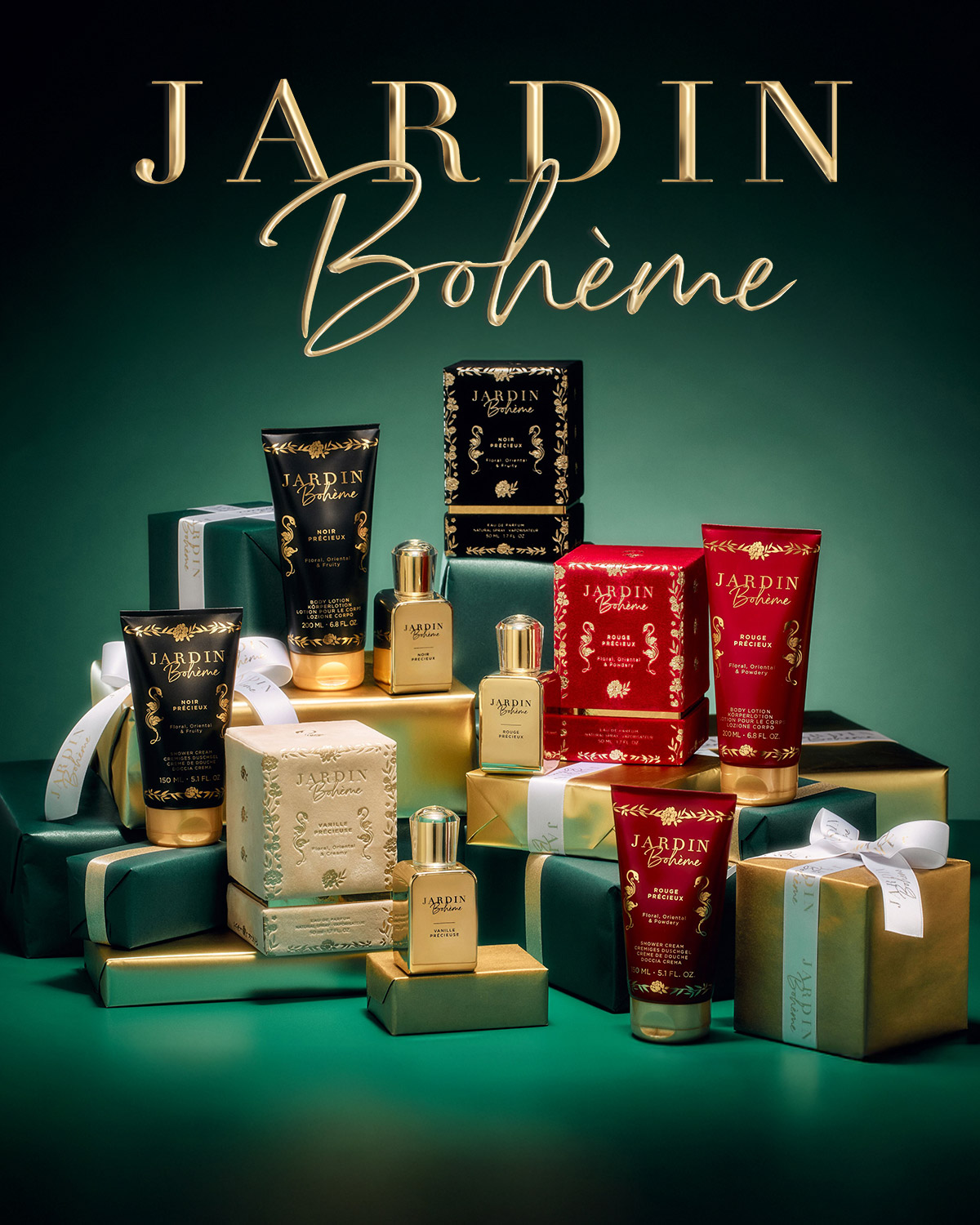 Découvrez Jardin Bohème, une collection de parfums et de soins corporels présentés sur des cadeaux emballés, offrant une expérience olfactive luxueuse.