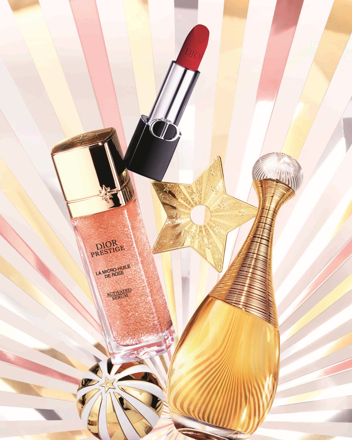 Découvrez le luxe Dior : rouge à lèvres rouge éclatant, sérum activé micro-huile de rose et parfum doré, présentés avec des étoiles scintillantes pour une touche de magie.