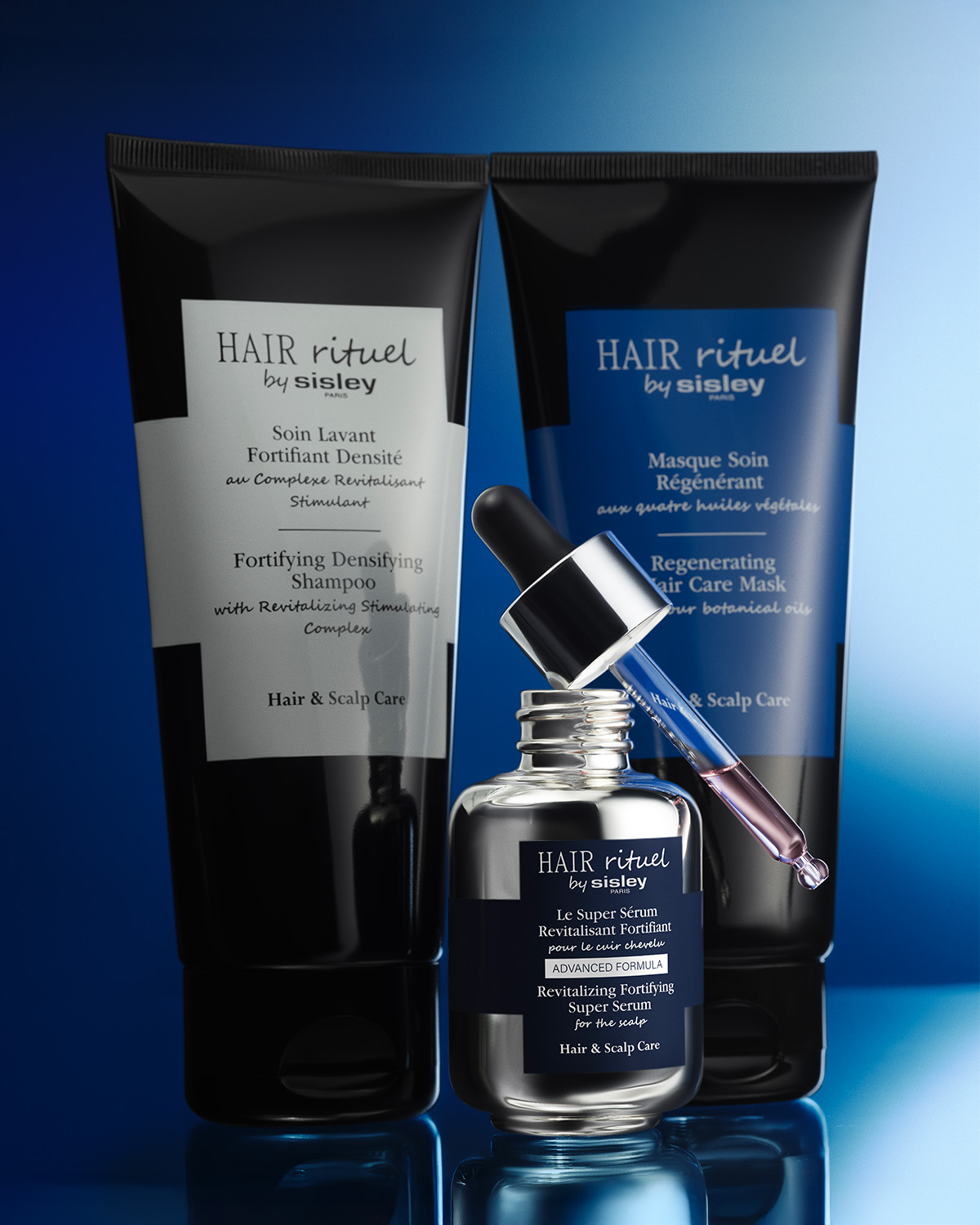 Découvrez la gamme Hair Rituel by Sisley, avec le Shampoing Fortifiant Densifiant, le Masque Soin Régénérant et le Super Sérum Revitalisant Fortifiant pour des cheveux et un cuir chevelu sains.