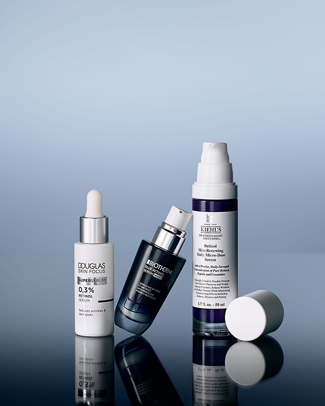 Découvrez le sérum rétinol Douglas Skin Focus Super Serum 0,3 %, le sérum Biotherm Blue Rétinol et le sérum micro-dose quotidien rénovateur de peau au rétinol de Kiehl's.