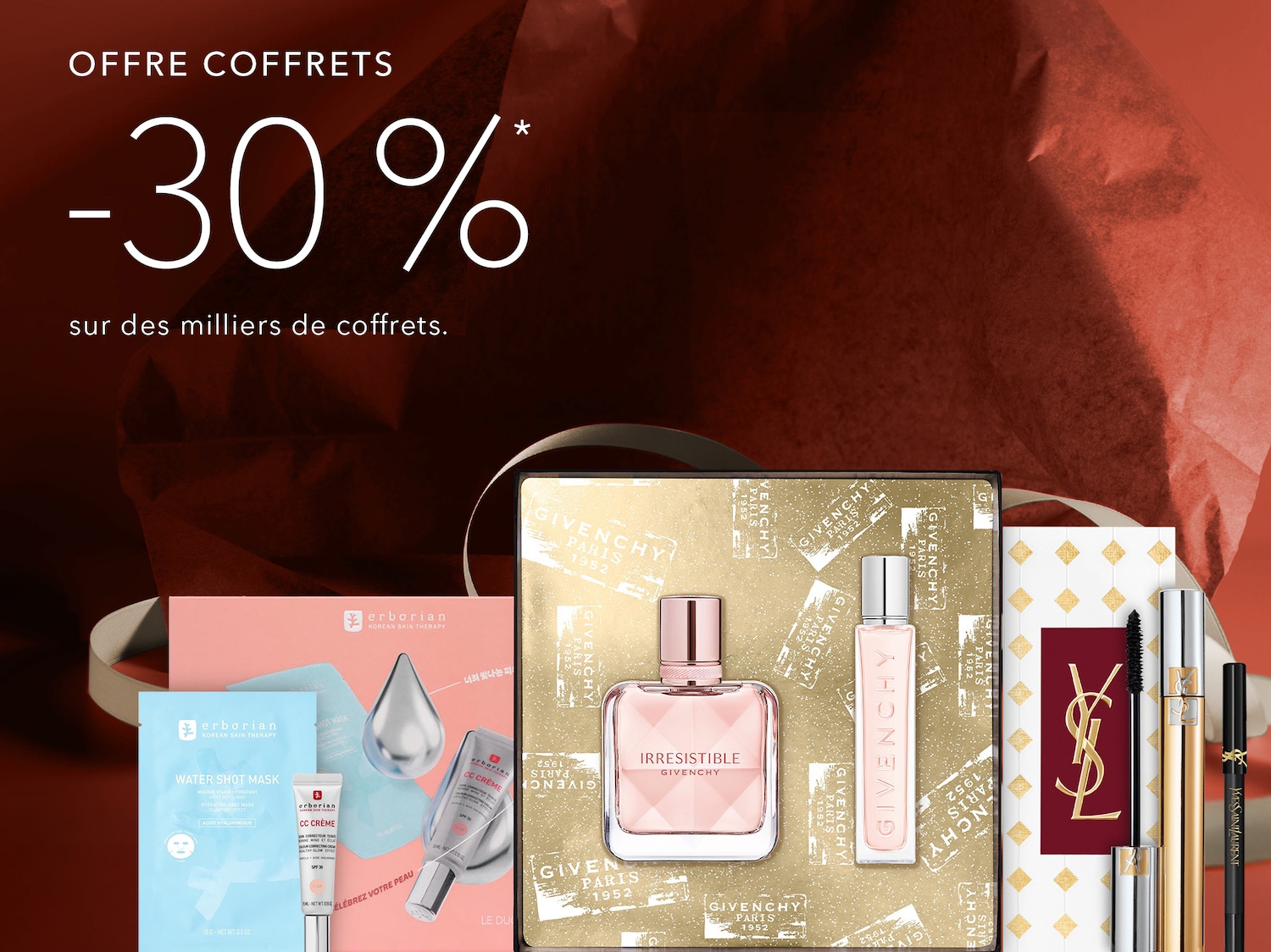 Découvrez une offre exclusive de -30% sur des milliers de coffrets, incluant des marques prestigieuses comme Givenchy, Erborian et Yves Saint Laurent.