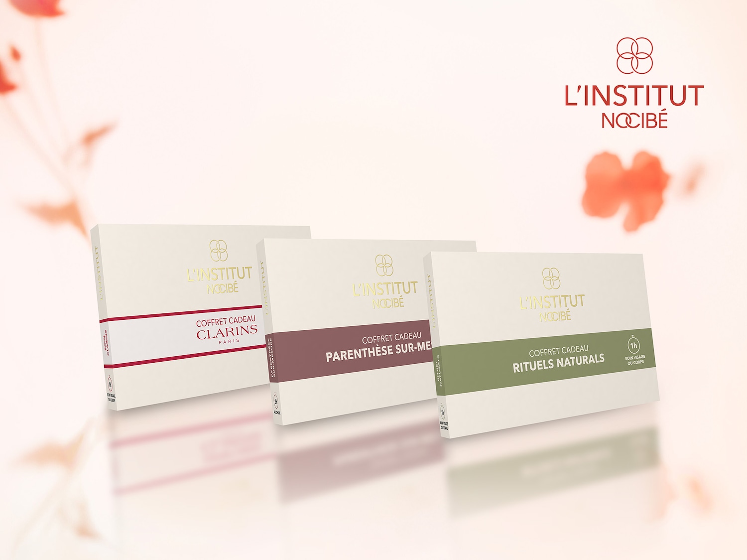 Découvrez les coffrets cadeaux de L'INSTITUT NOCIBÉ, comprenant des soins Clarins Paris, Parenthèse Sur-Me, et Rituels Naturals, pour un soin visage ou corps d'une heure.