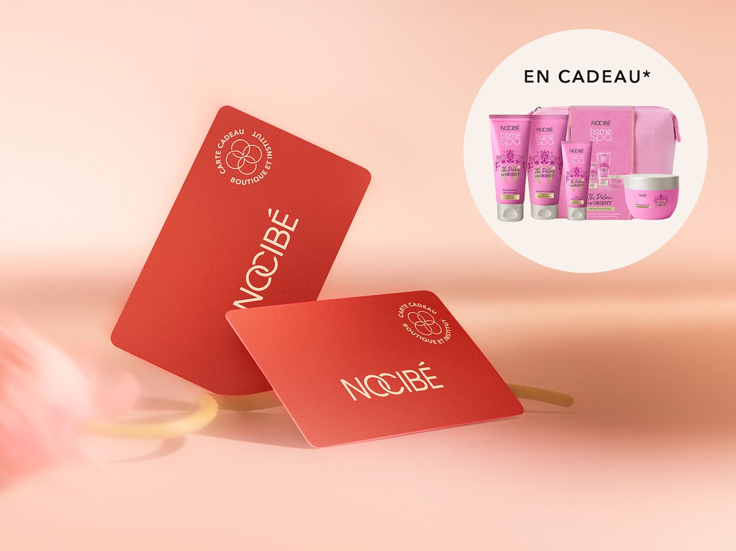 Découvrez la carte cadeau Nocibé, idéale pour offrir un moment de bien-être et de beauté, et profitez d'un cadeau spécial : un ensemble de produits de la gamme Home Spa The Palace of Orient.