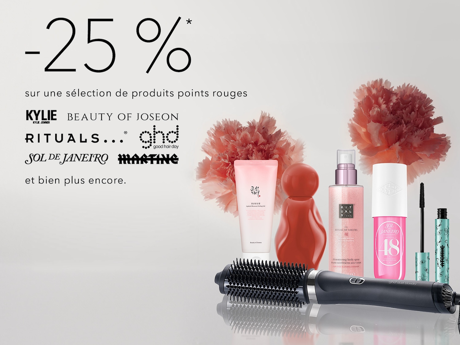 Profitez de -25% sur une sélection de produits points rouges de marques comme Kylie, Beauty of Joseon, Rituals, Sol de Janeiro et bien plus encore.
