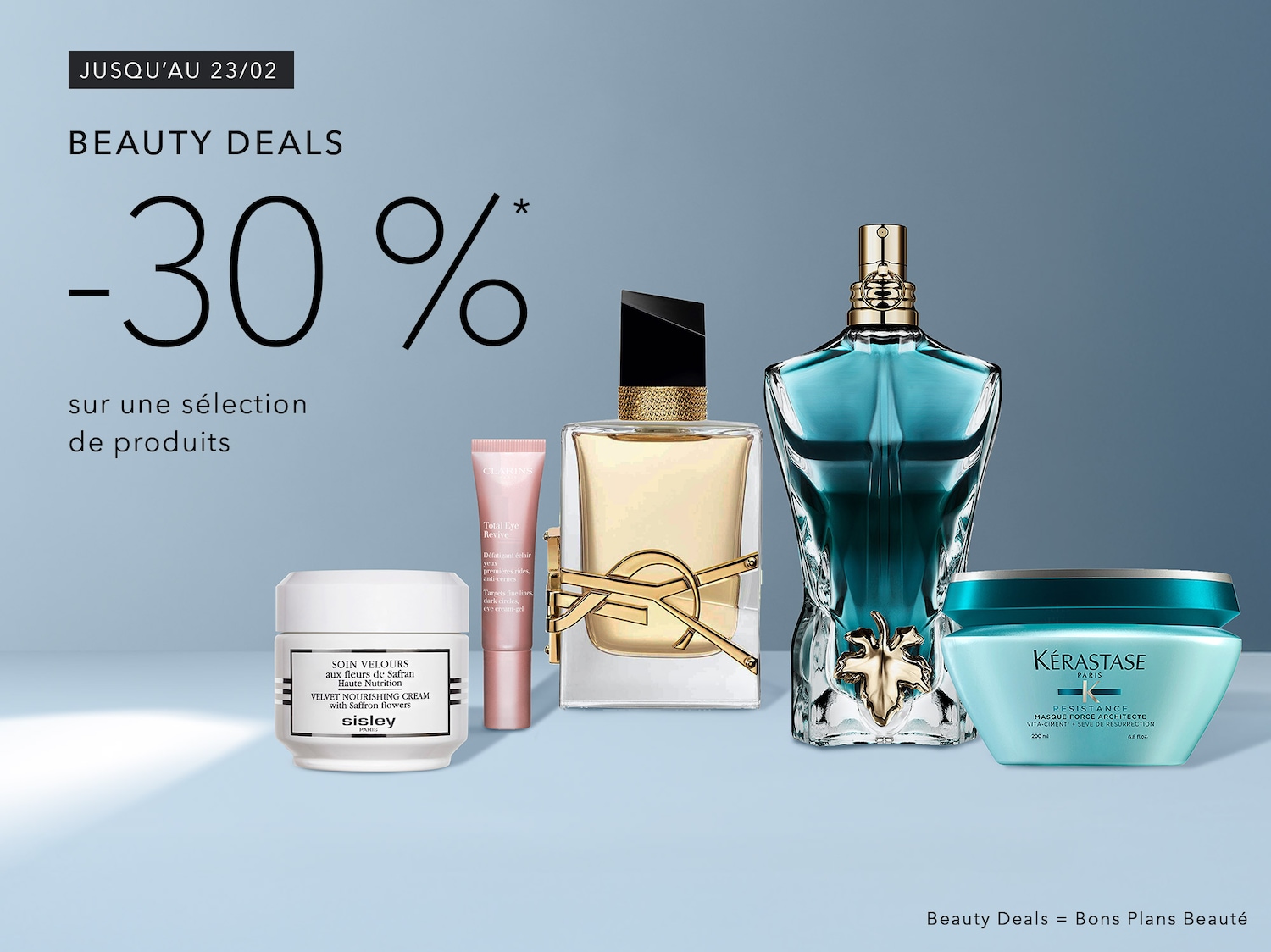 Profitez de -30% sur une sélection de produits de beauté jusqu'au 23/02, comprenant des crèmes Sisley, des soins Clarins et des parfums.