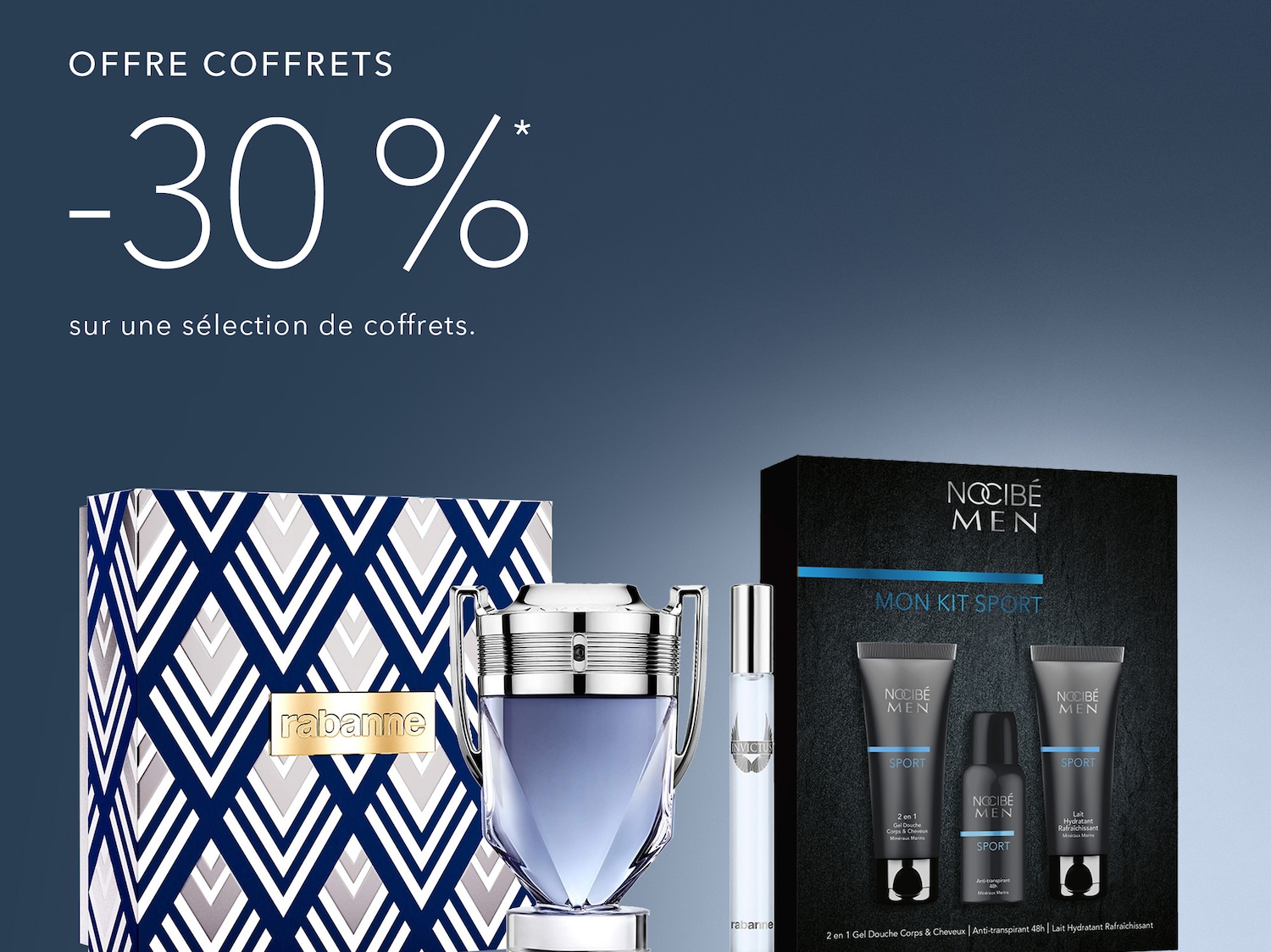 Profitez de -30% sur une sélection de coffrets, comprenant des parfums Rabanne et des kits de sport Nocibé Men.
